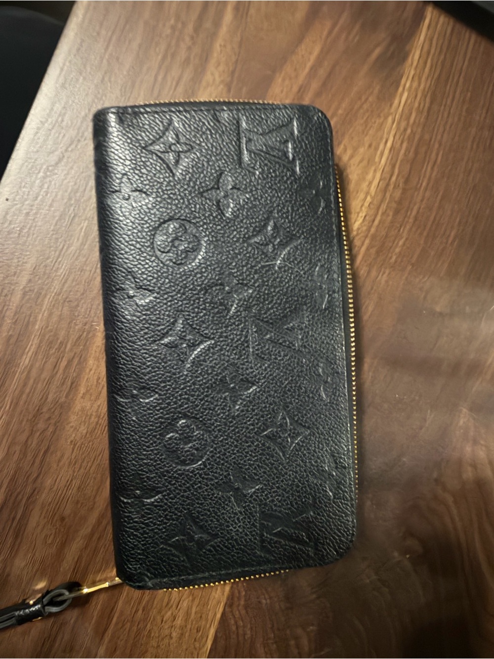 Louis Vuitton Black Embossed Monogram Zip Wallet with Gold Hardware